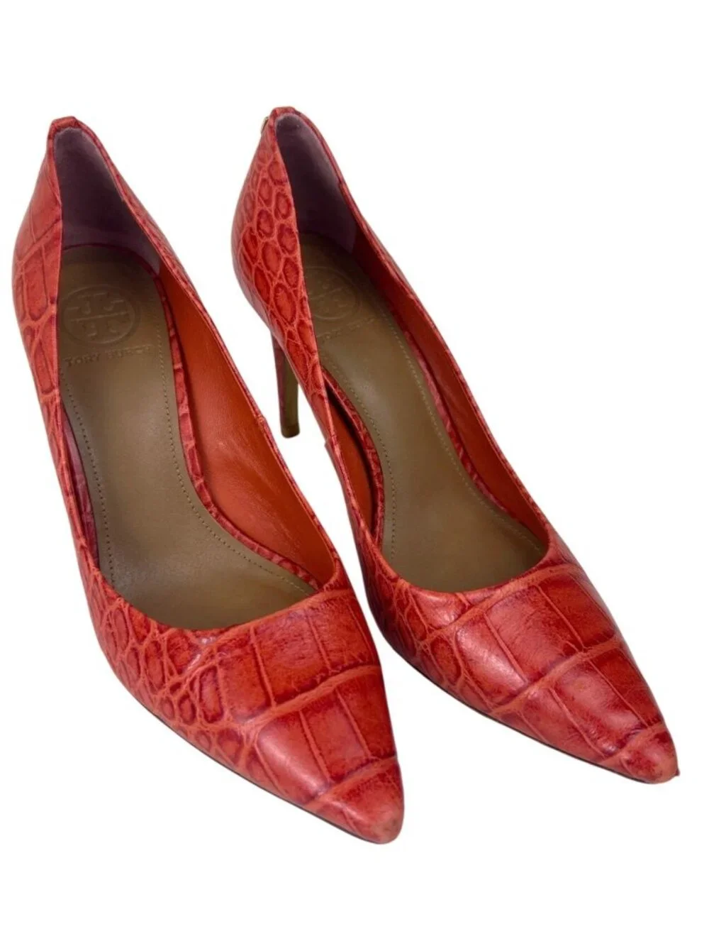 Tory Burch Stiletto High Heels Sz 7M Coral Red Croc Embossed Leather Pointed Toe